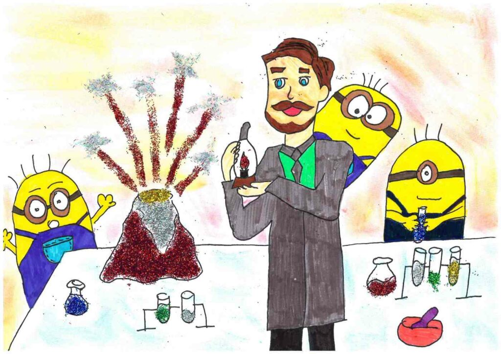 rysunek dziecięcy przedstawiający Łukasiewicza z minionkami