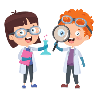 grafika dwoje rysunkowych chemików jedno z probówka drugie z lupą